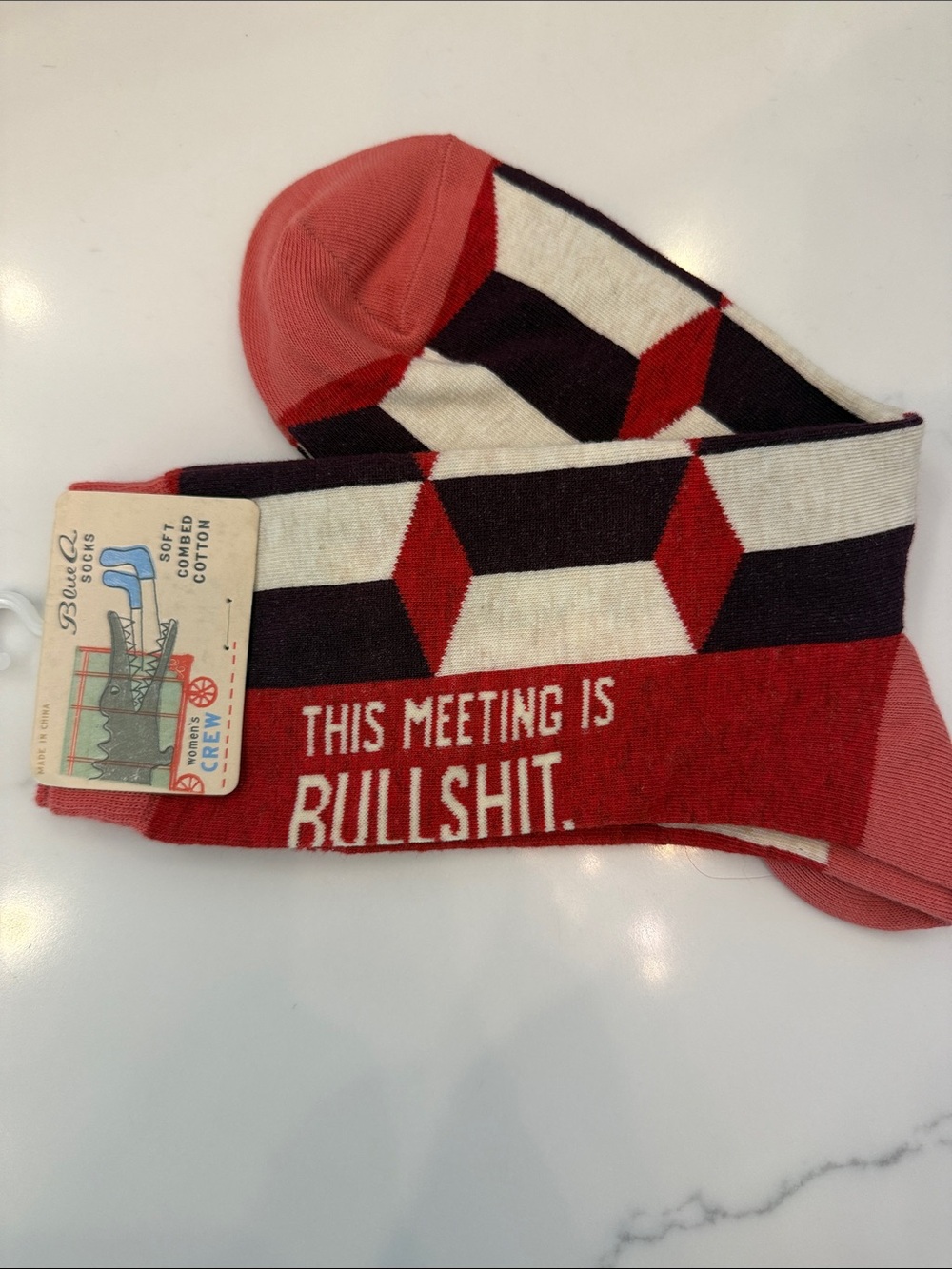 Blue Q Socks, Women’s Crew, Red & Cream, This Meeting Is Bullshit, New